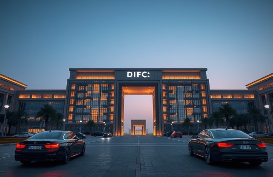 The iconic Gate Building in DIFC Dubai at dusk