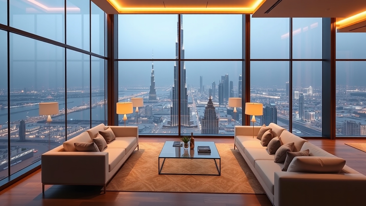 Luxury penthouse interior in Index Tower with Burj Khalifa view