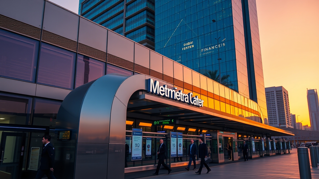 Financial Centre Metro Station in Dubai at sunset
