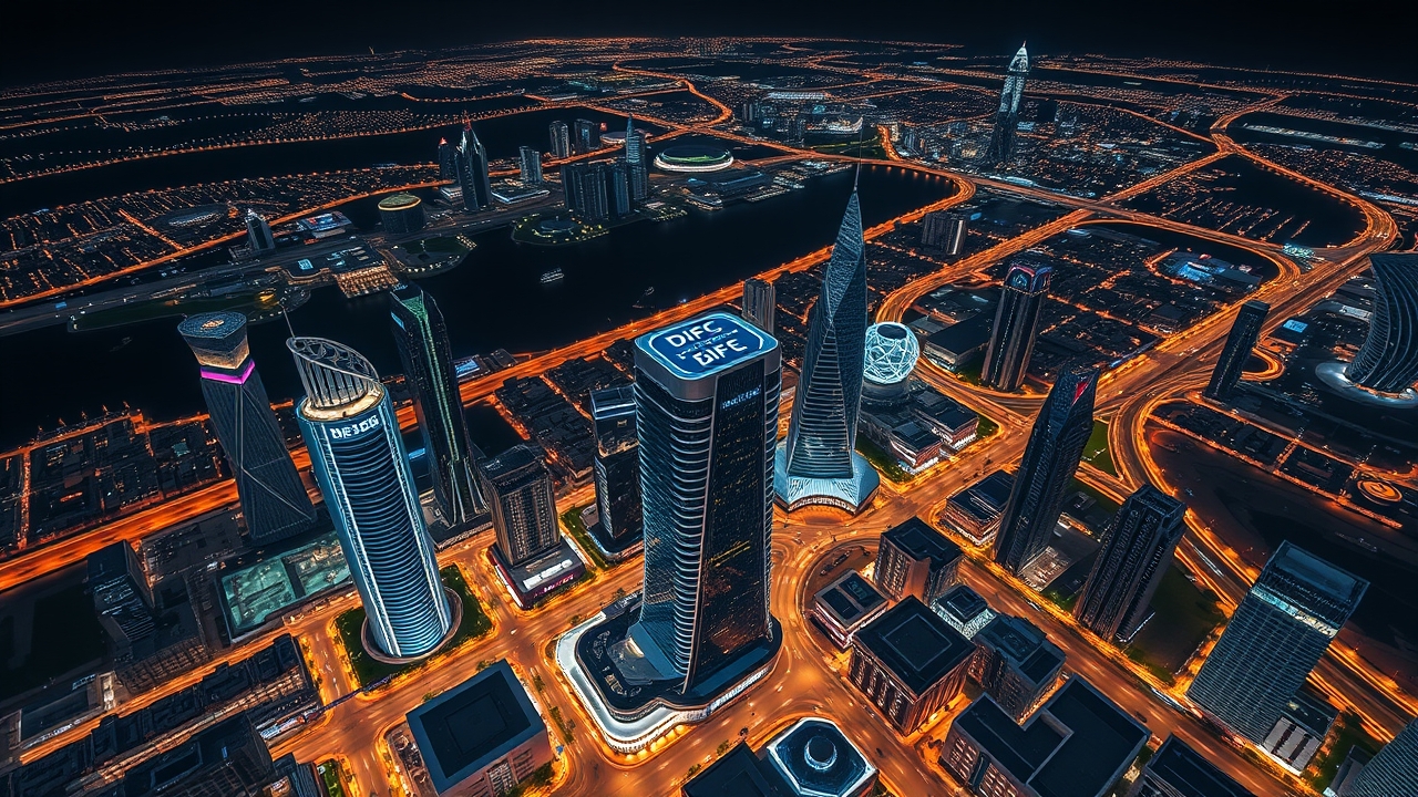 Night aerial view of the Dubai International Financial Centre