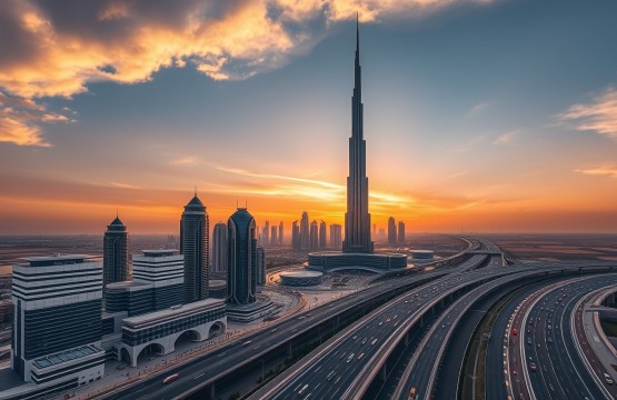 Aerial view of Dubai World Trade Centre at sunset