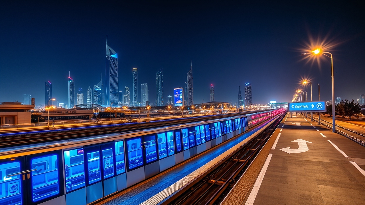 Dubai Metro station at night with city skyline