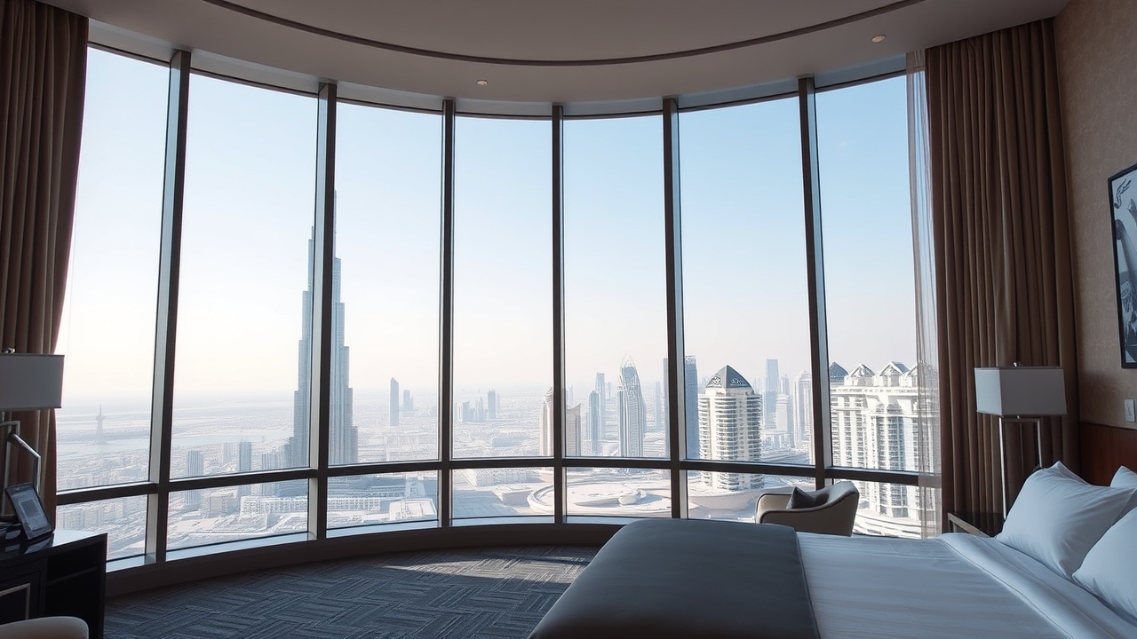 Modern hotel room view of the Burj Khalifa