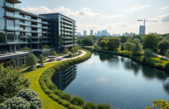 Luxury apartment complex next to an urban park