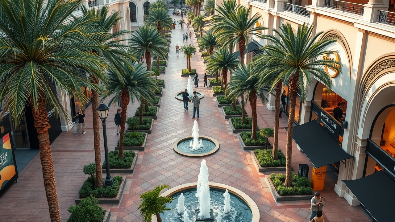 High-end retail district with palm trees