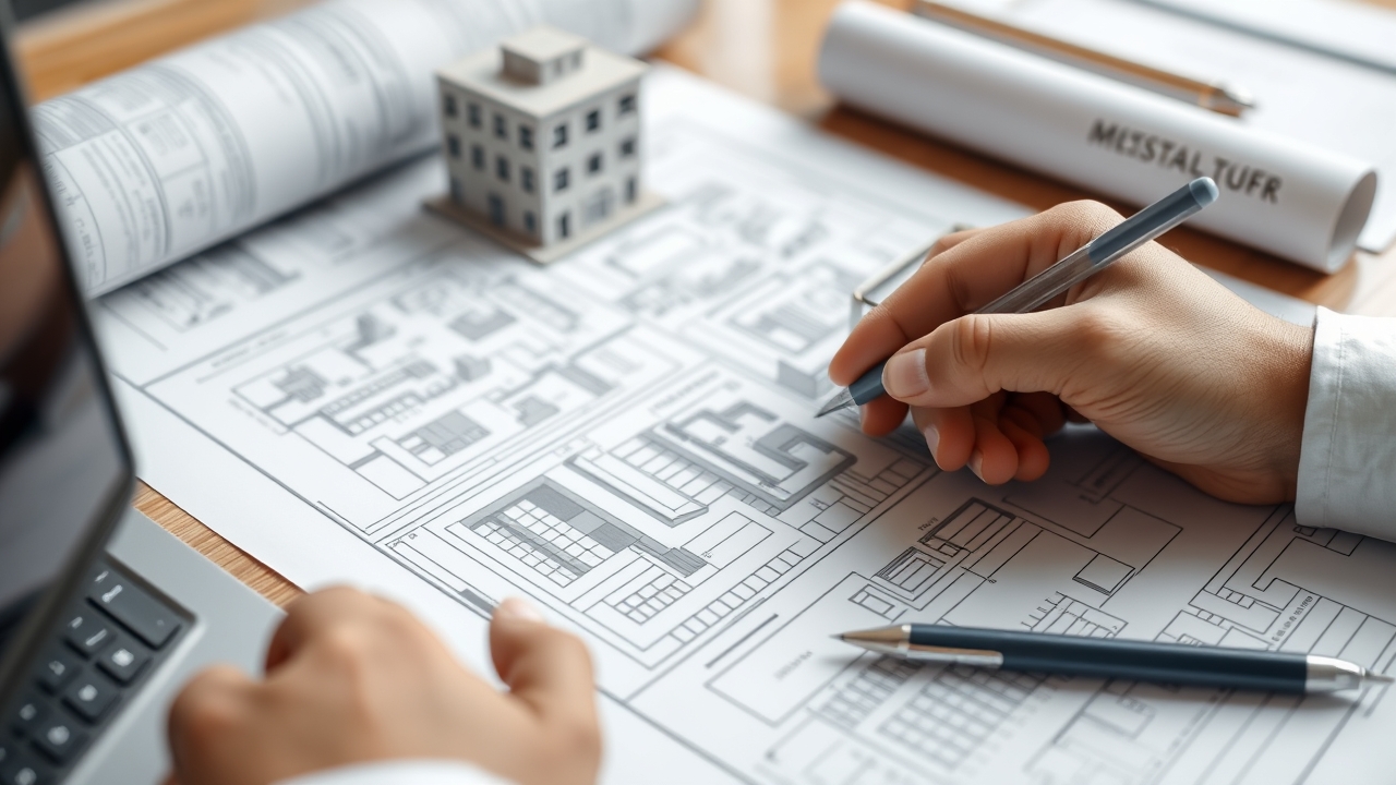 Real estate development planning and blueprints