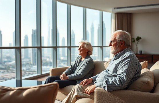 Senior couple in a luxury Dubai apartment overlooking the city skyline.