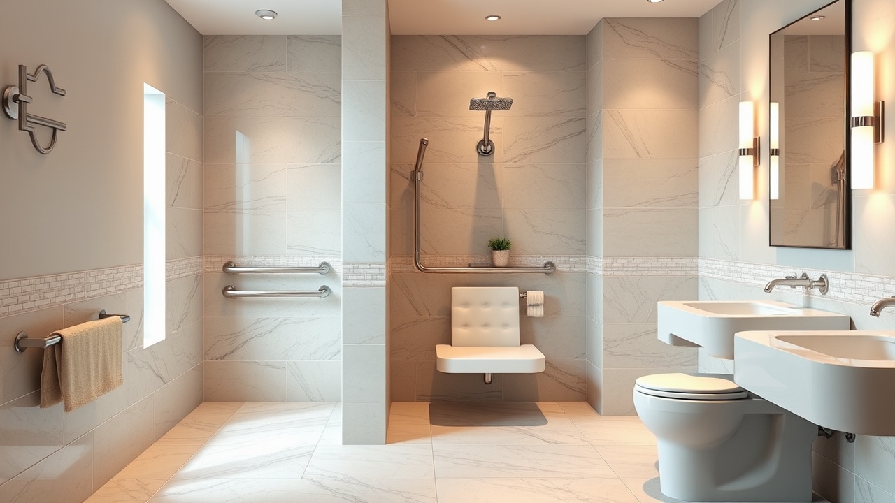 Accessible bathroom with grab bars and roll-in shower in a UAE apartment.