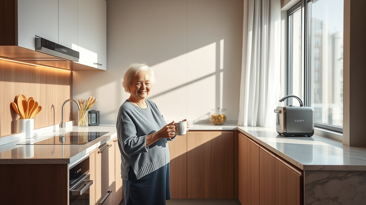 Senior-friendly kitchen with lowered countertops and modern amenities.