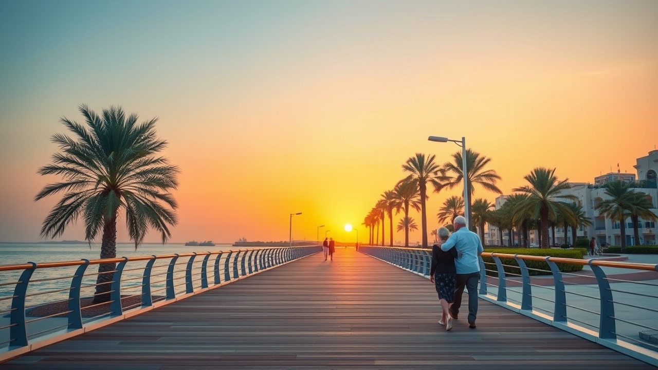 Accessible sunset boardwalk in Abu Dhabi with senior visitors.