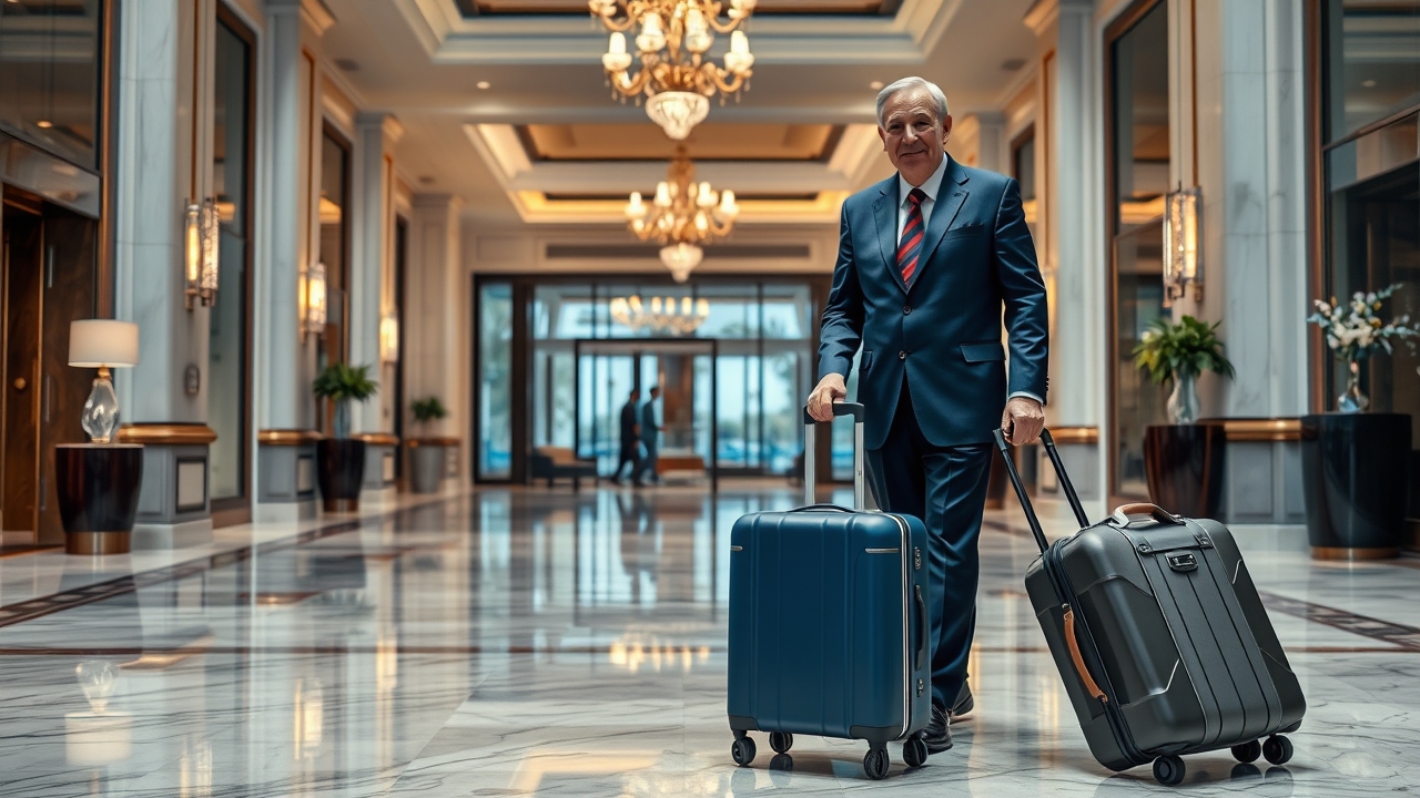 Professional concierge assisting a senior guest in a luxury hotel lobby.