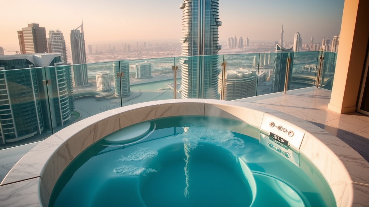 SLS Dubai private balcony jacuzzi with Burj Khalifa view
