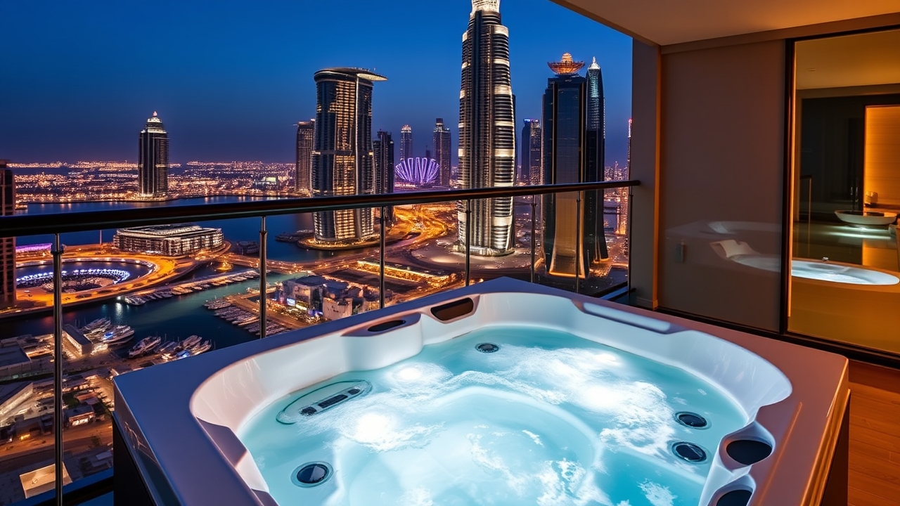 Taj Jumeirah Lakes Towers balcony jacuzzi at night