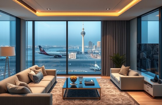 Luxury hotel apartment living room overlooking Dubai Airport