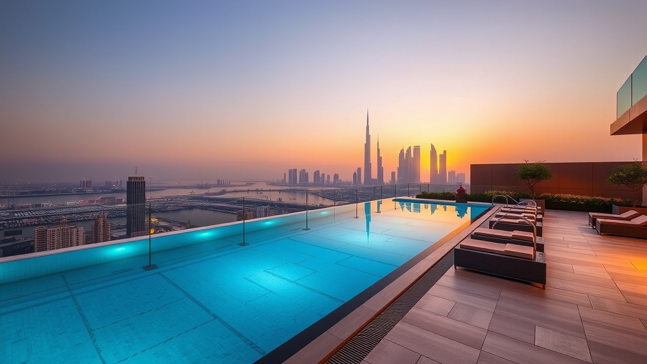 Rooftop pool in Deira Dubai at sunset