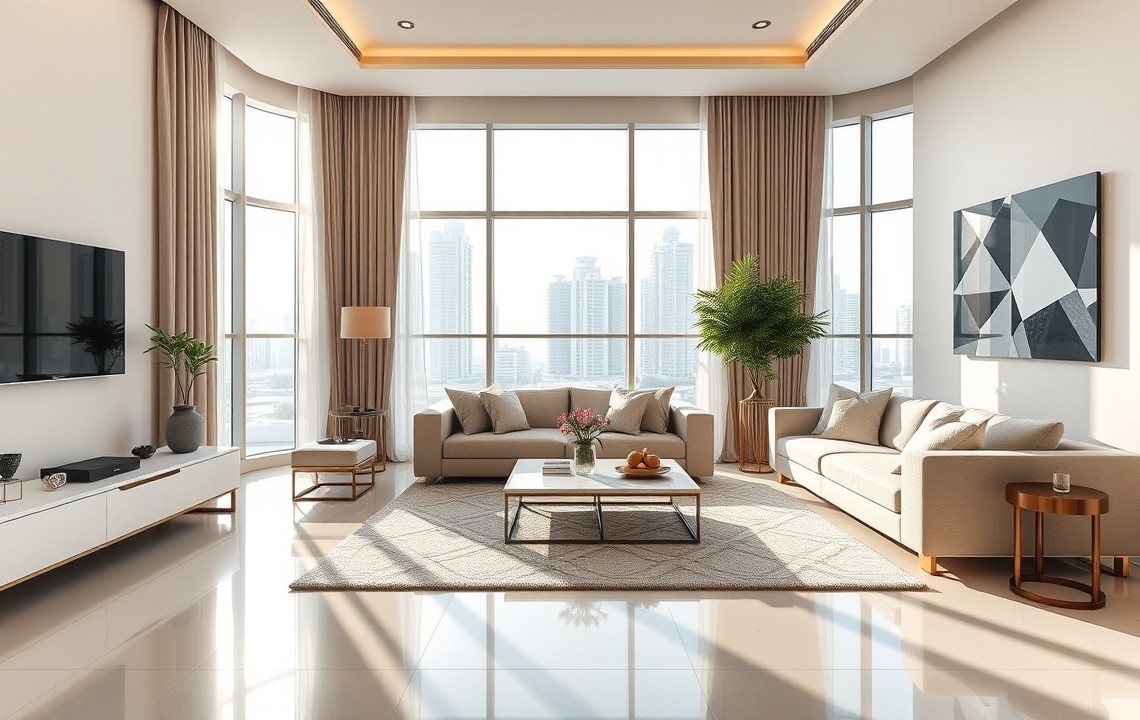 Luxury living room in a JBR serviced apartment with sea views