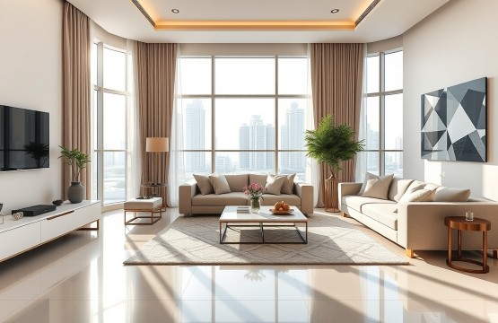 Luxury living room in a JBR serviced apartment with sea views