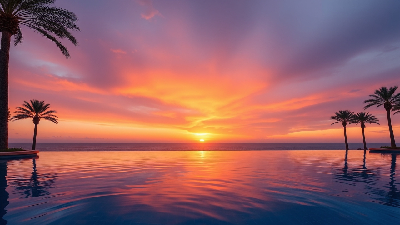 Infinity pool at sunset in a Jumeirah Beach Residence luxury resort