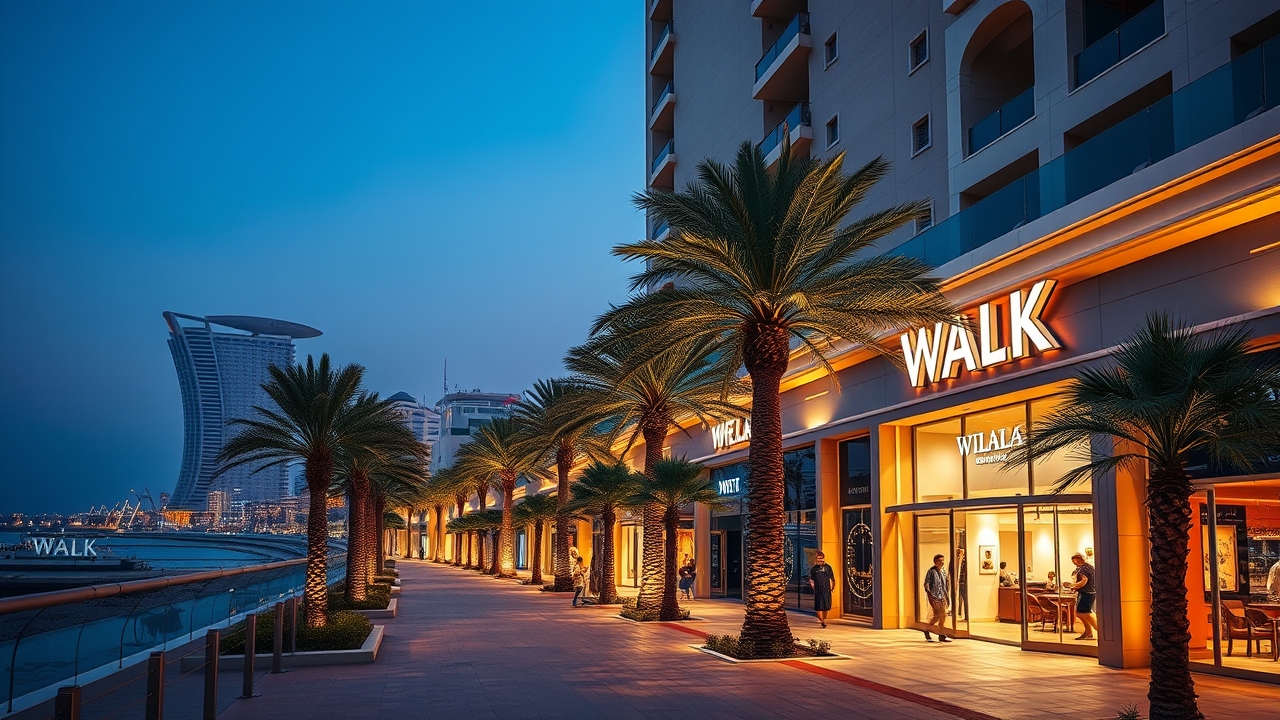 The Walk at JBR during the evening with lights and palm trees