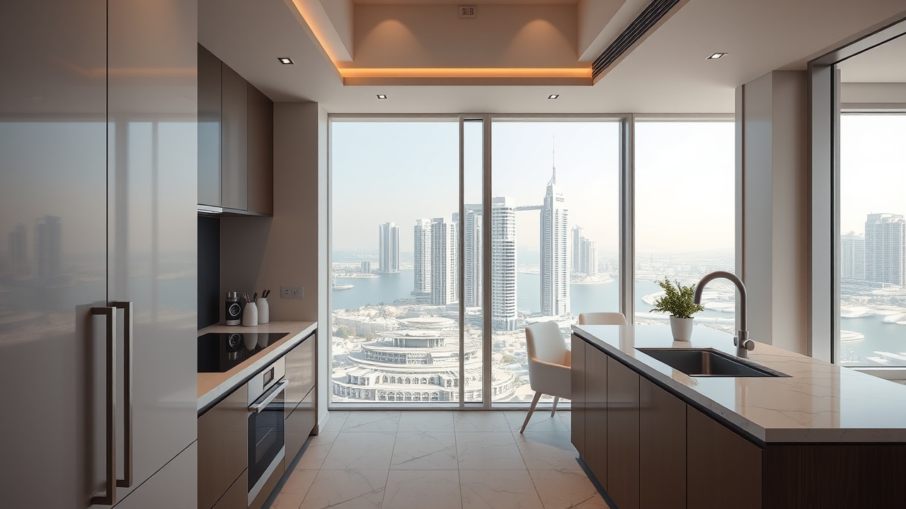 Modern kitchen with marble counters in a JBR apartment