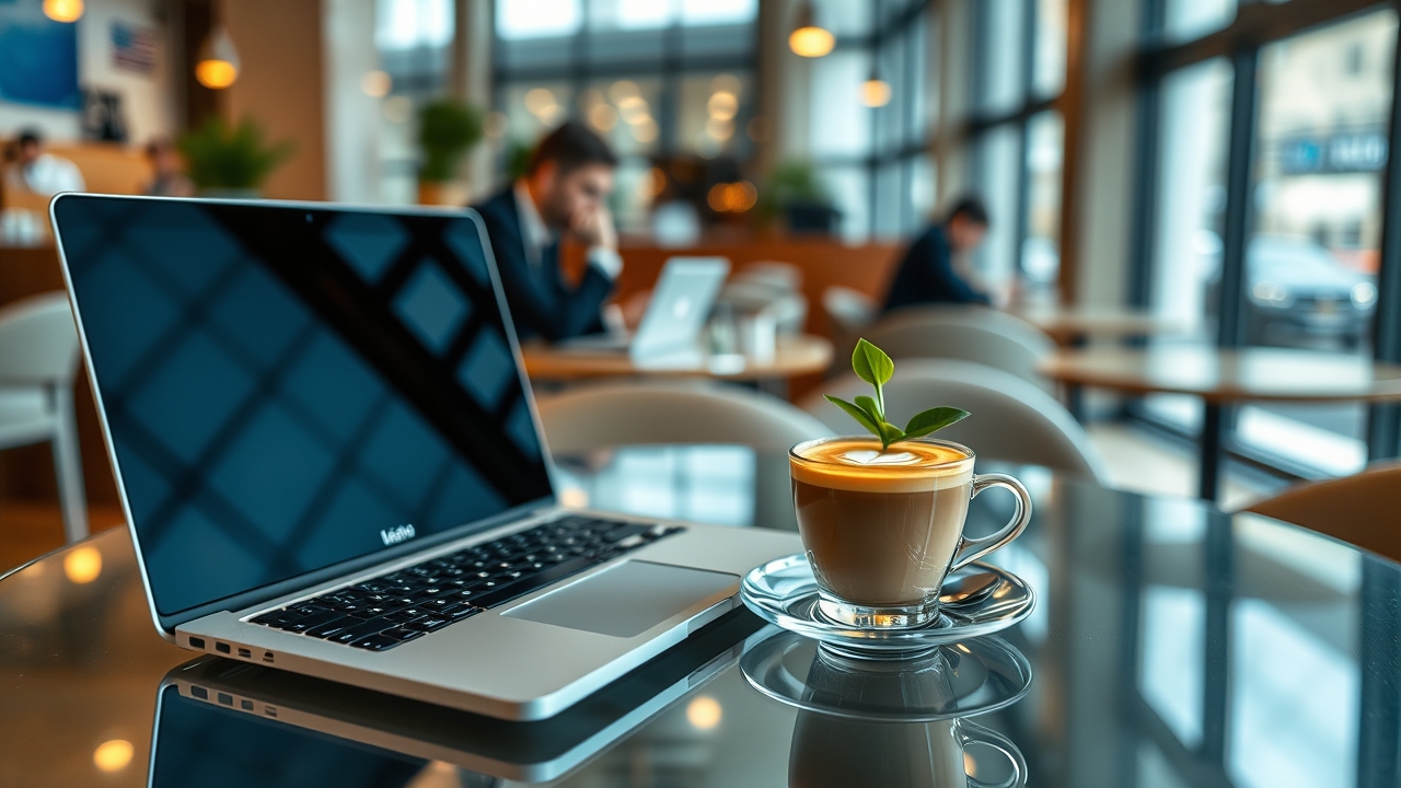 Laptop and coffee on a desk in a bright Dubai workspace