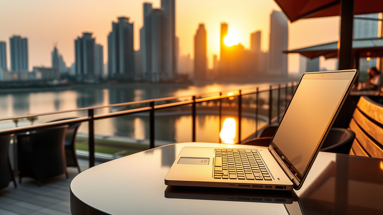 Outdoor workspace in JLT overlooking the lake at sunset