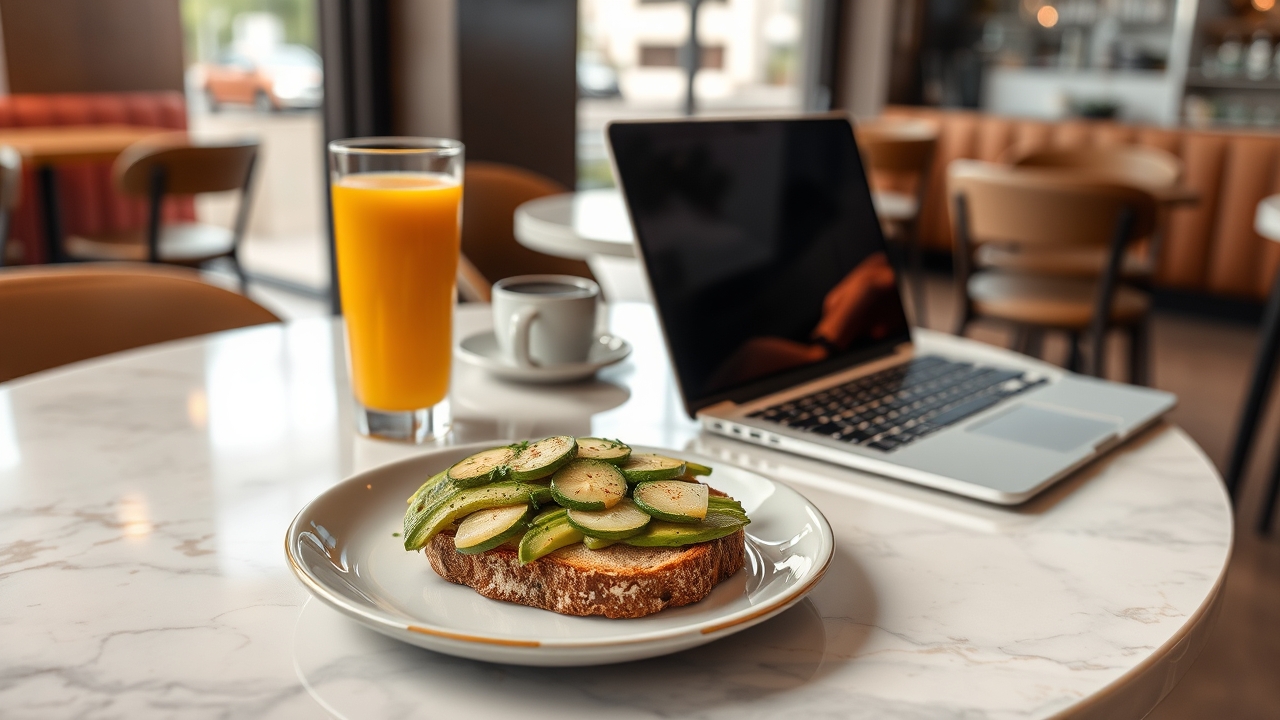 Business breakfast and laptop on a marble table in JLT