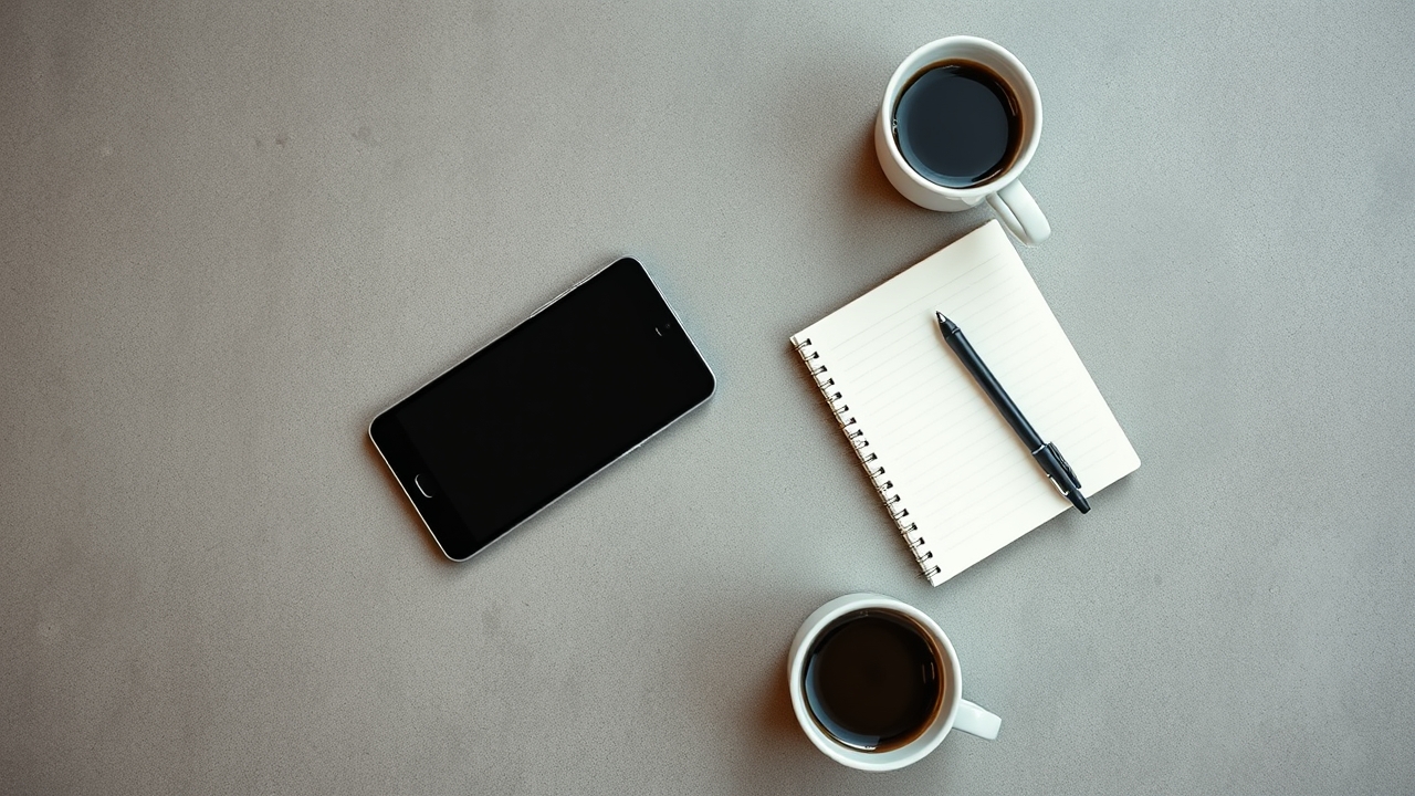 Organized remote work setup on a polished concrete table