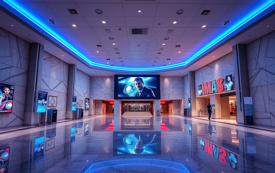 Luxury IMAX cinema lobby in Dubai with neon lighting