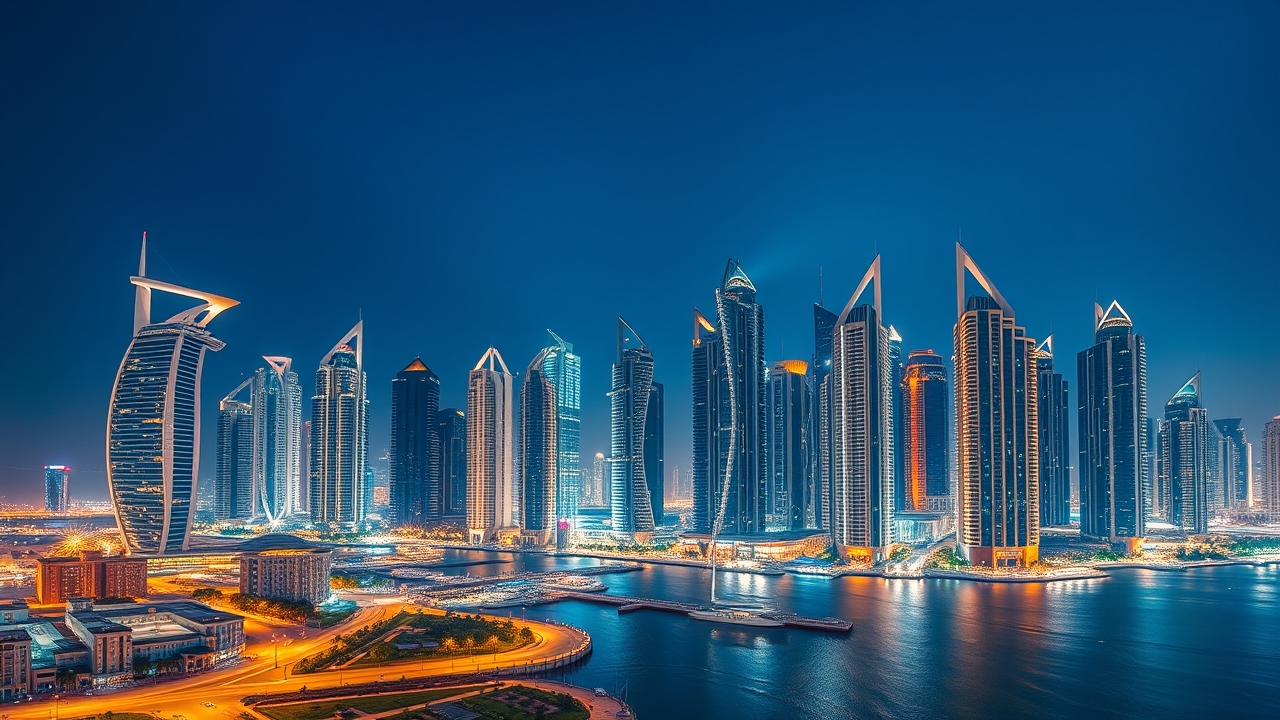 Dubai Marina skyline at night with bright city lights