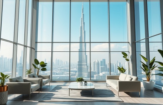 Modern Dubai co-living lounge with Burj Khalifa view