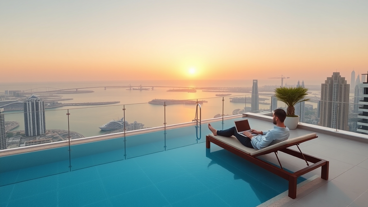 Rooftop pool workspace in Dubai Marina