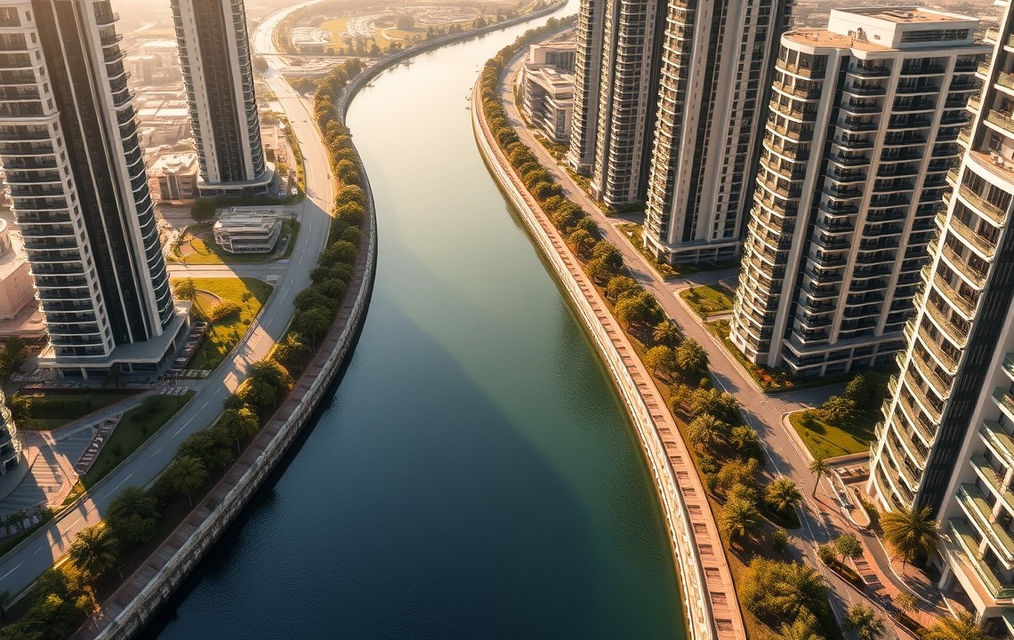 Aerial view of Dubai Canal and Business Bay towers in 2026
