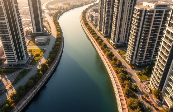 Aerial view of Dubai Canal and Business Bay towers in 2026