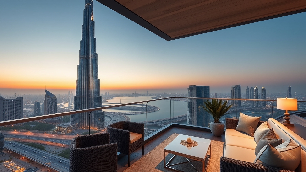 Luxury apartment balcony view of Burj Khalifa in Downtown Dubai