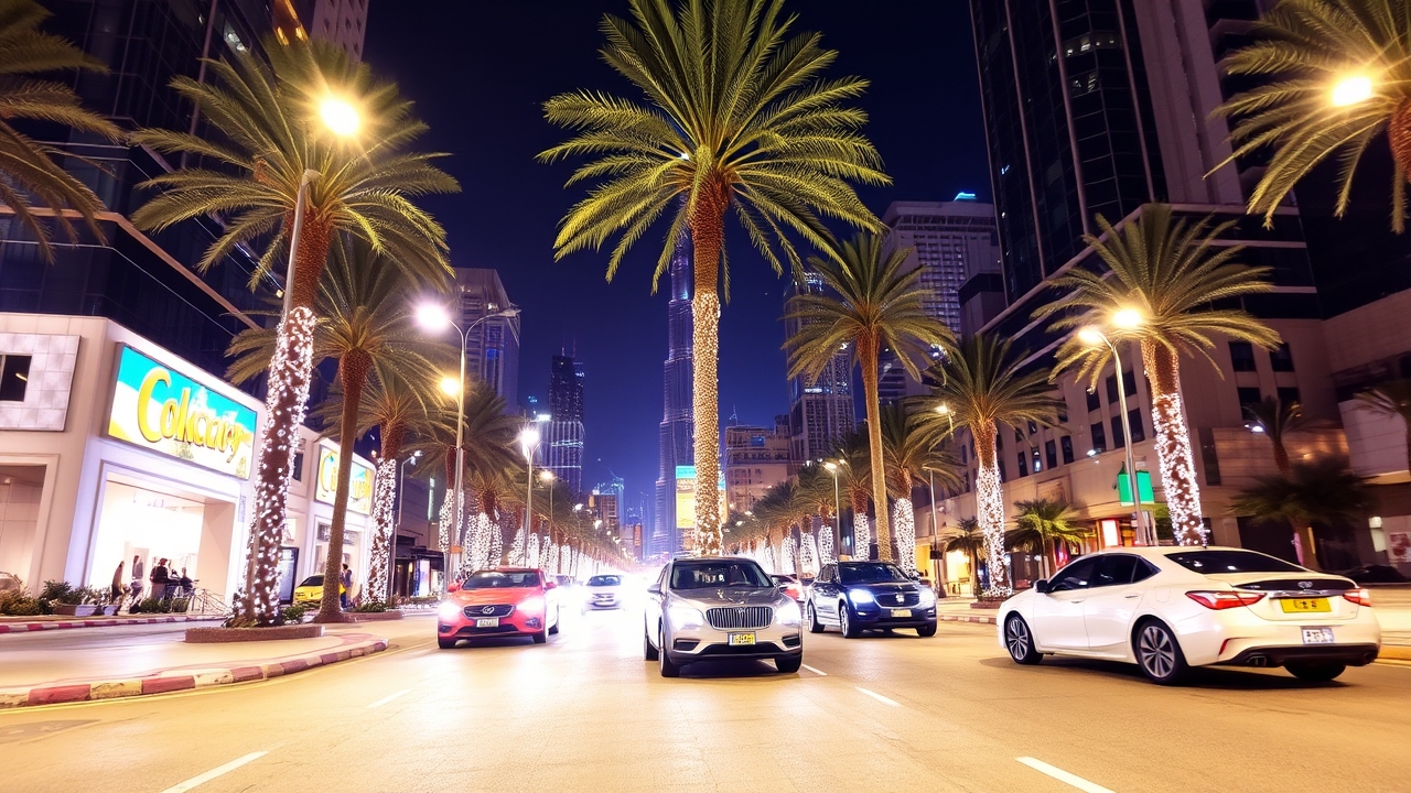 Nightlife and street view of Downtown Dubai boulevard