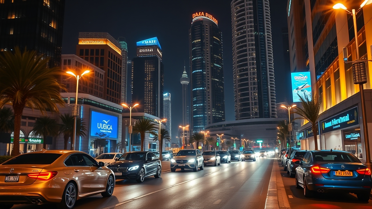 Nightlife and street lights on Downtown Dubai Boulevard