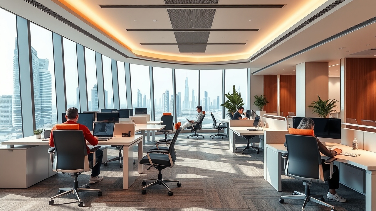 Contemporary co-working space in a 2026 Dubai residential tower