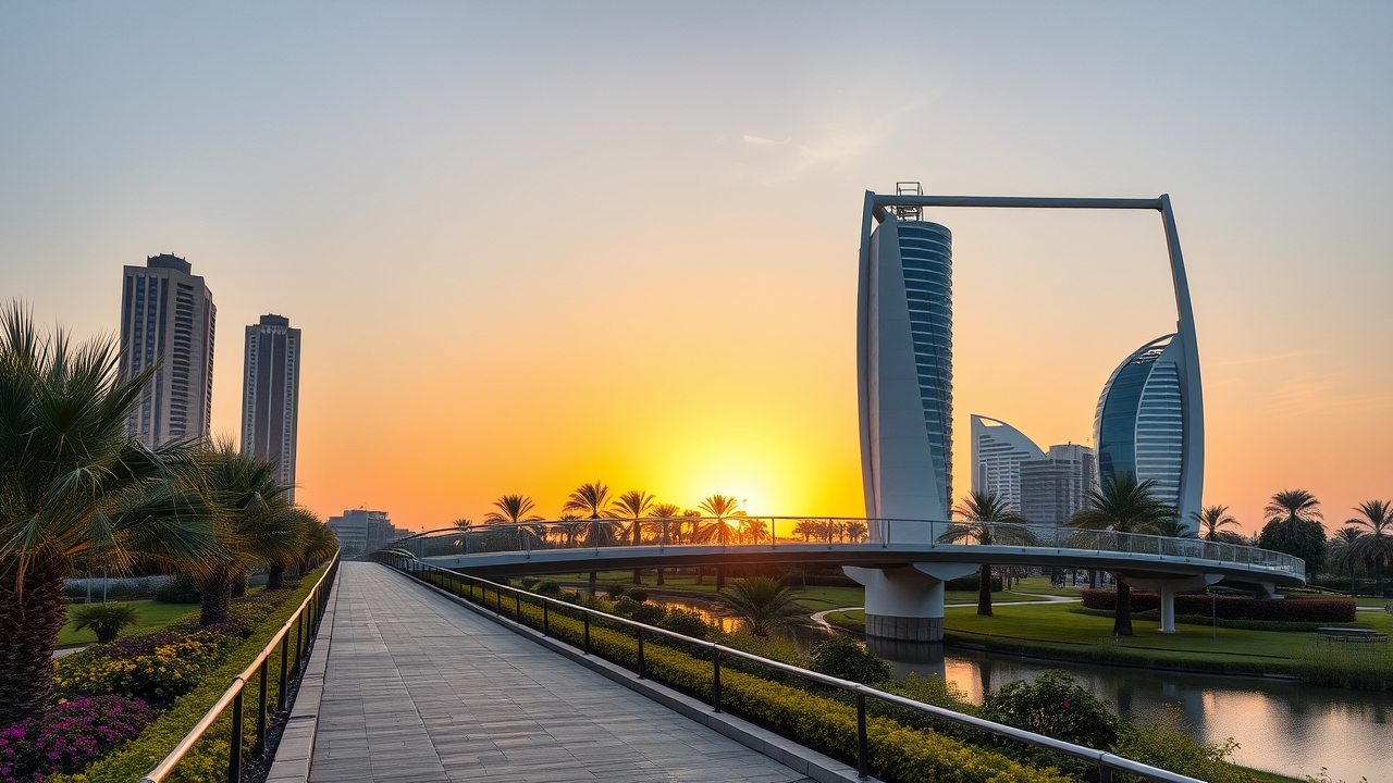Pedestrian bridge and green spaces in Business Bay Dubai