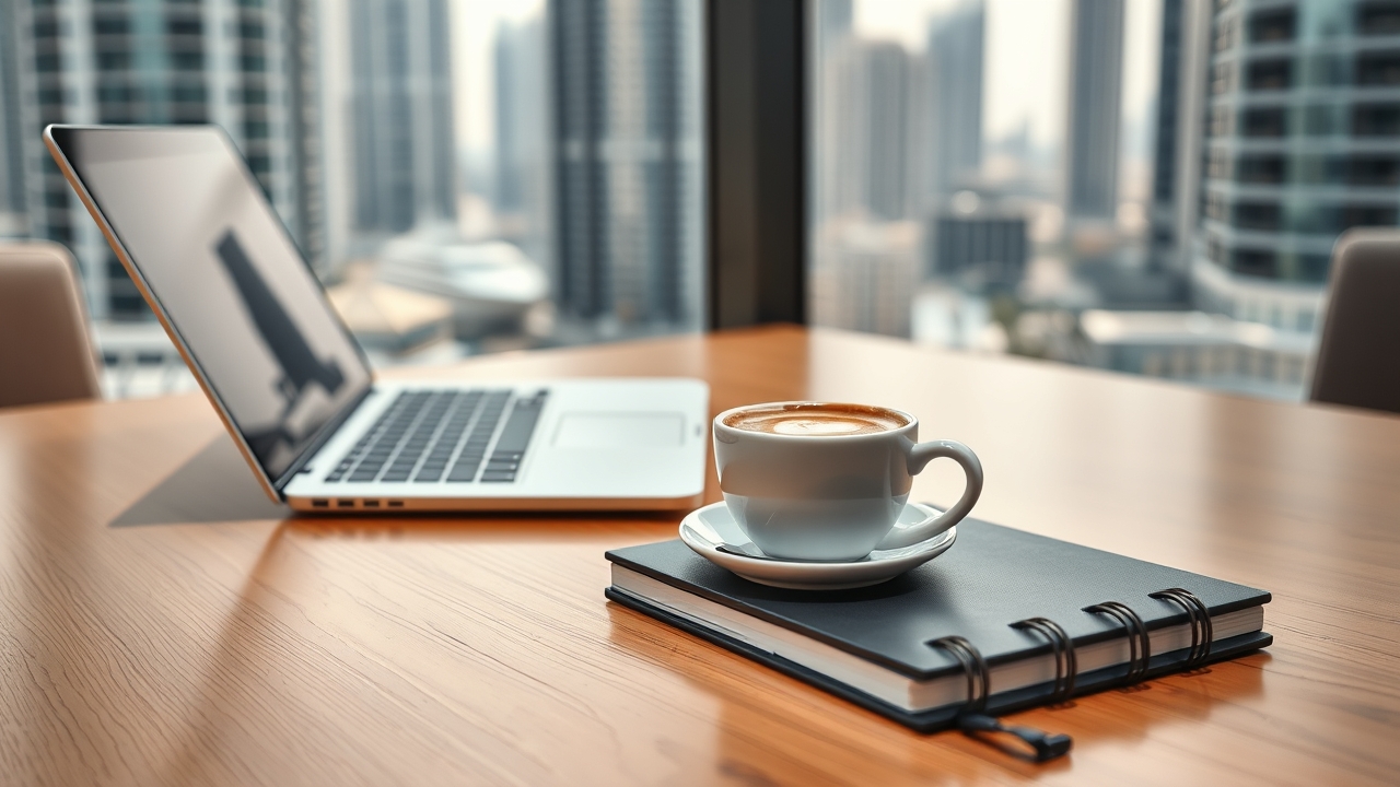 Professional workspace setup with coffee and laptop in Dubai