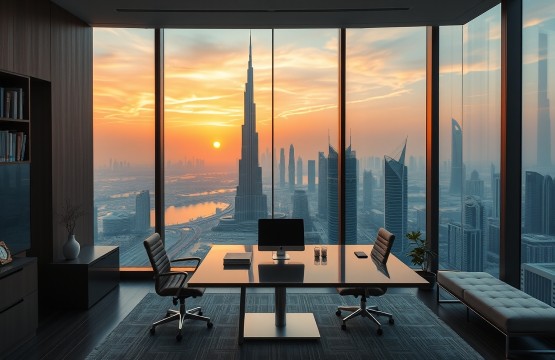 Remote work office with a view of the Burj Khalifa in Dubai