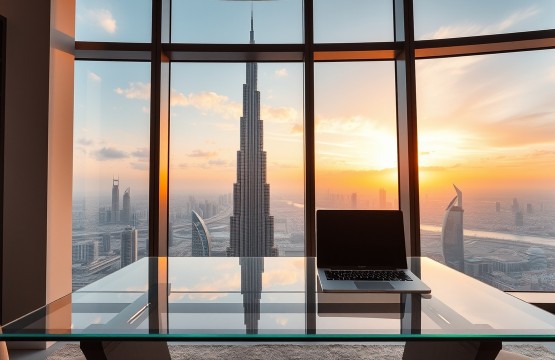 Digital nomad workspace with a view of the Burj Khalifa in Dubai