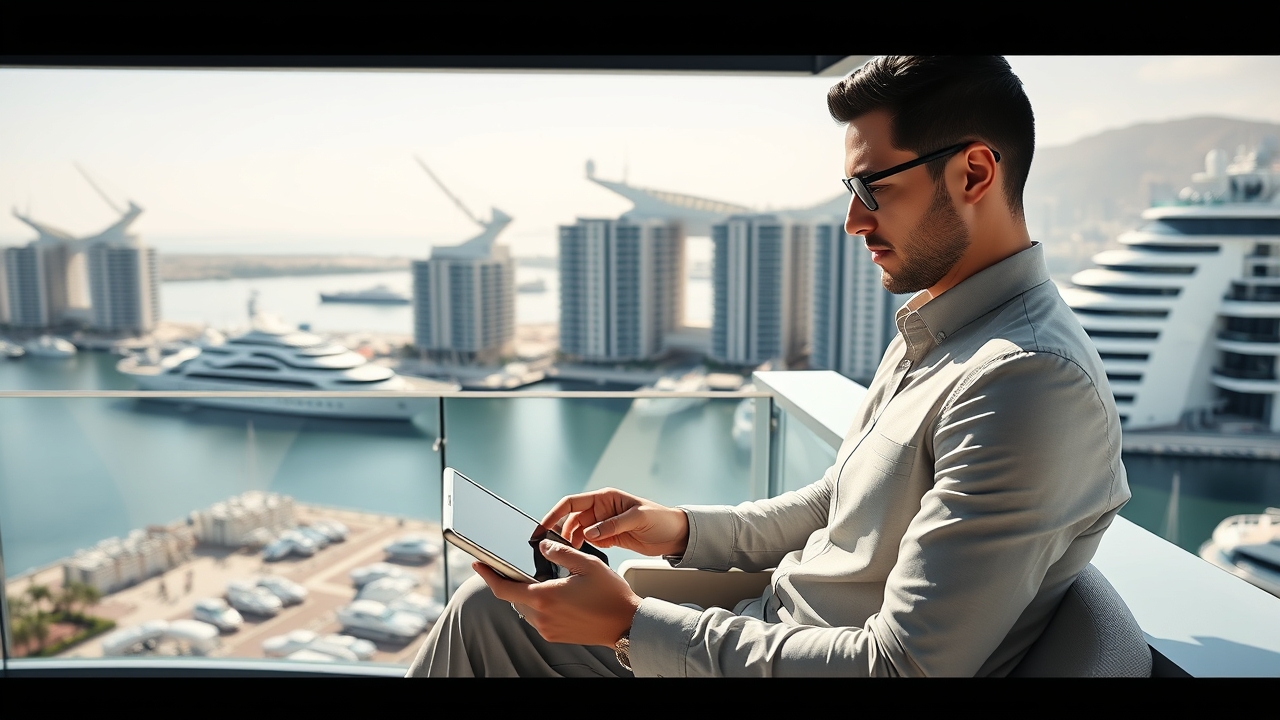 Remote worker on a balcony overlooking Dubai Marina