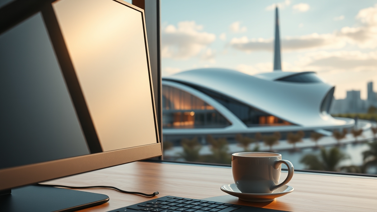 Modern office setup with Museum of the Future view