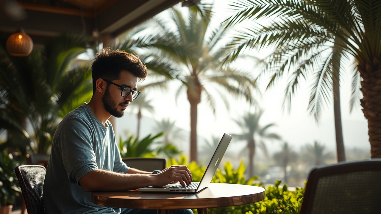 Digital nomad working in a Dubai Hills outdoor cafe