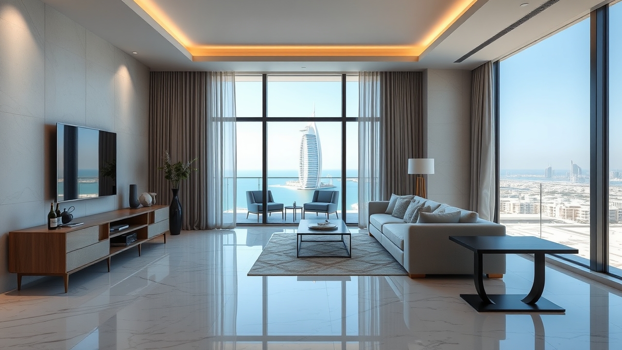 Luxury serviced apartment interior in Dubai with Palm Jumeirah view
