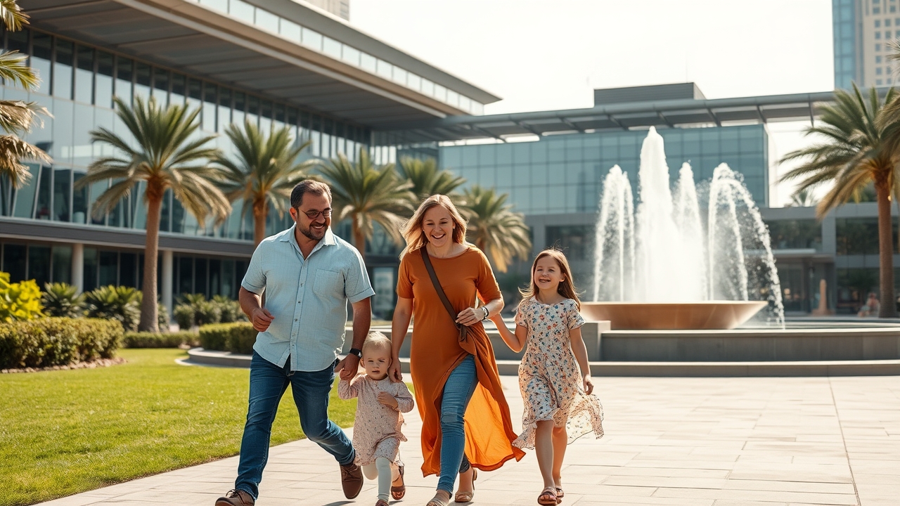 Family enjoying a park in Dubai near modern residential buildings