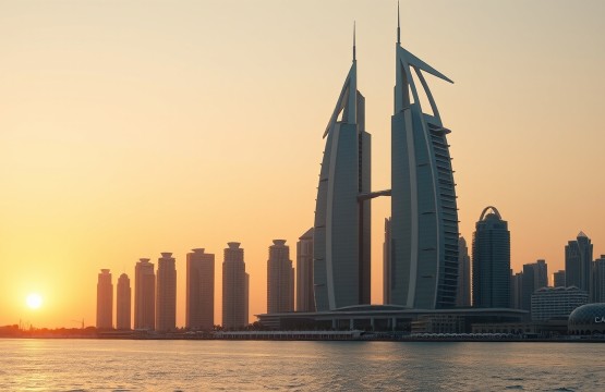 Abu Dhabi skyline and Etihad Towers at sunset