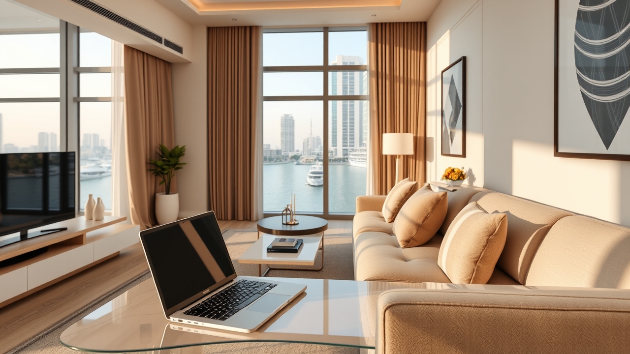 Modern serviced apartment workspace in Business Bay