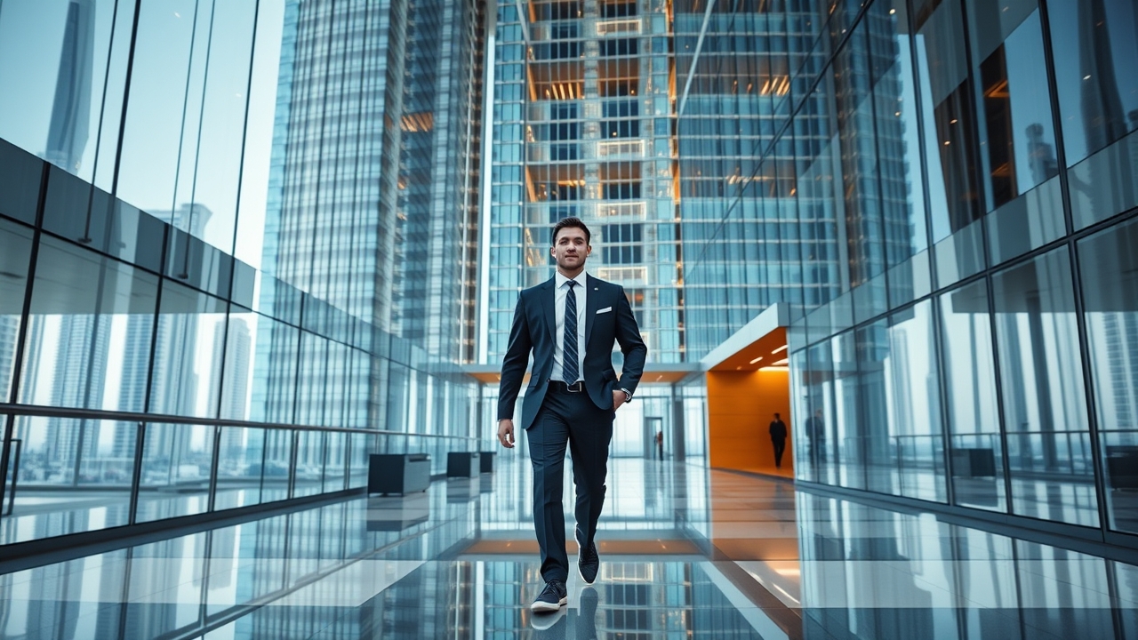 Modern skyscraper lobby Dubai Marina
